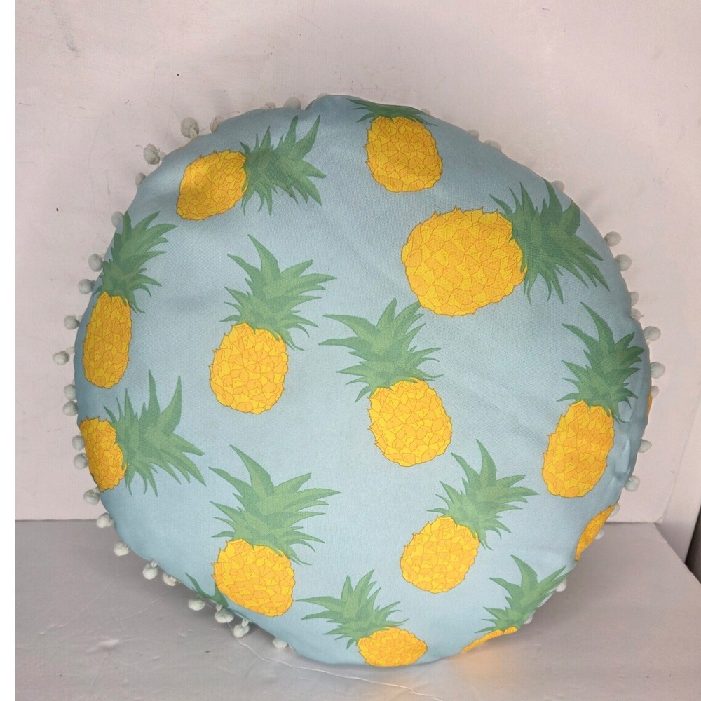 Round Pineapple Print Throw Pillow Light Blue Pom Pom Trim Tropical Decor 12in